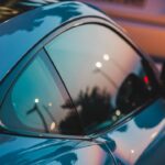 a close up of a car's side mirror